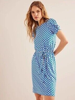Boden Knot Detail Jersey Mini Dress Blue Geometric Pattern Women's Size 14L